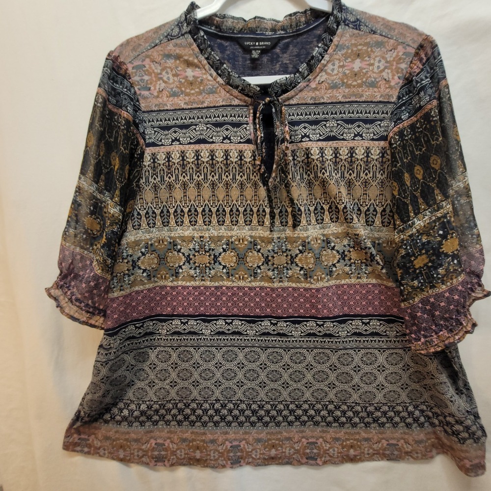 Lucky Brand Womens XL Mixed Border Print Boho Ruffle Tie Neck 3/4 Sleeve Blouse - Picture 1 of 11